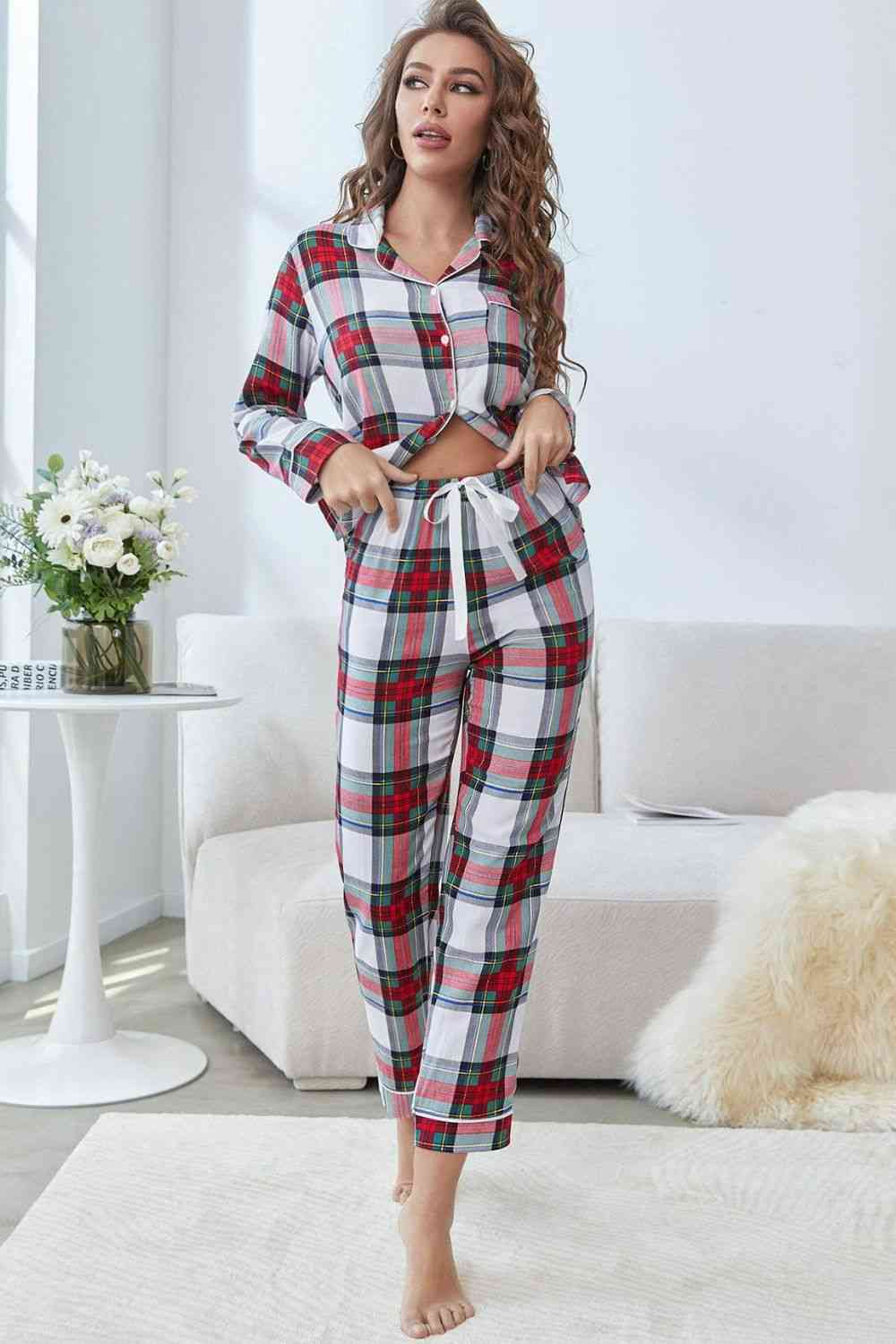 Plaid Button Front Top and Pants Lounge Set - TRENDMELO