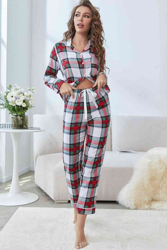 Plaid Button Front Top and Pants Lounge Set - TRENDMELO