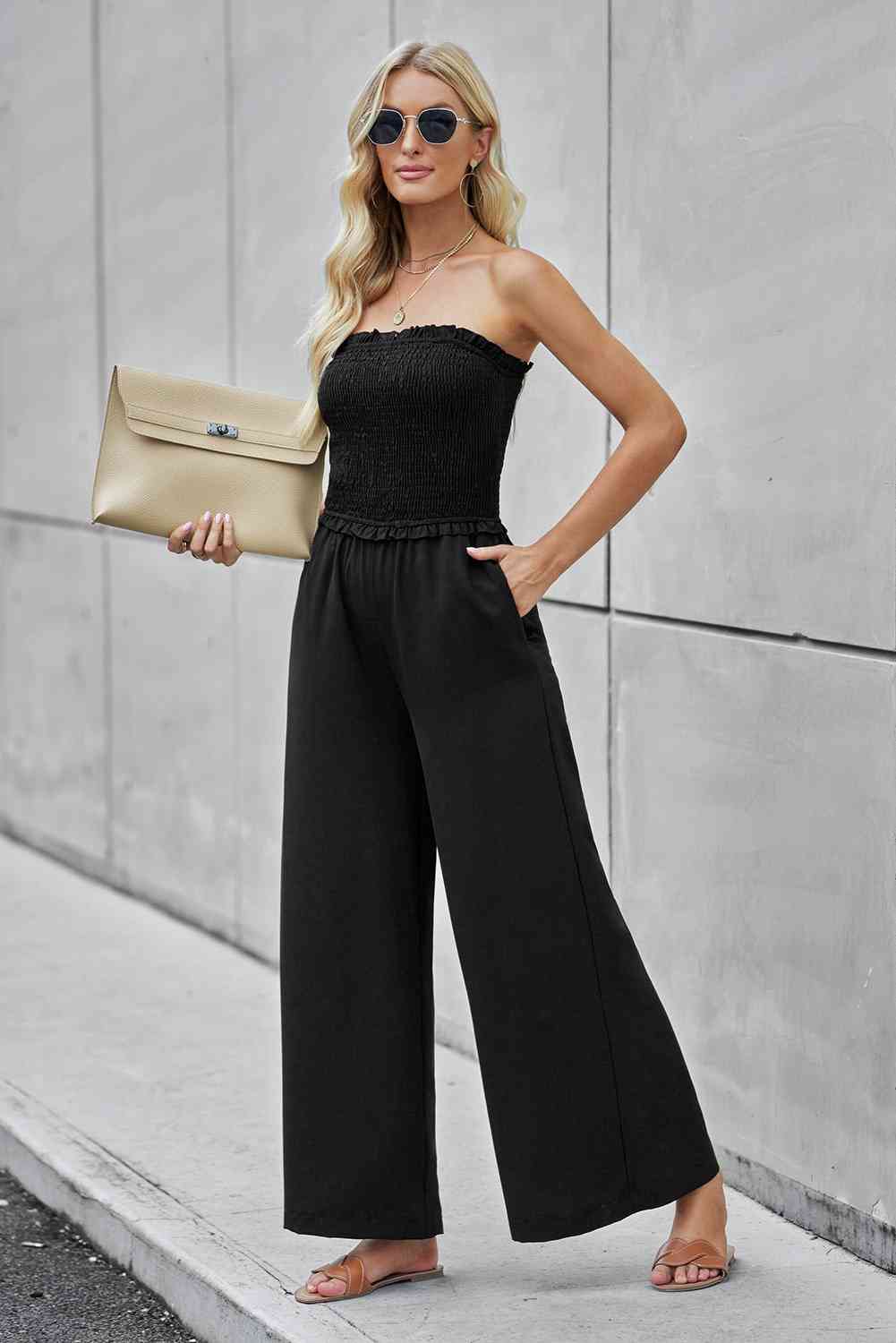 Straight Neck Smocked Jumpsuit - TRENDMELO