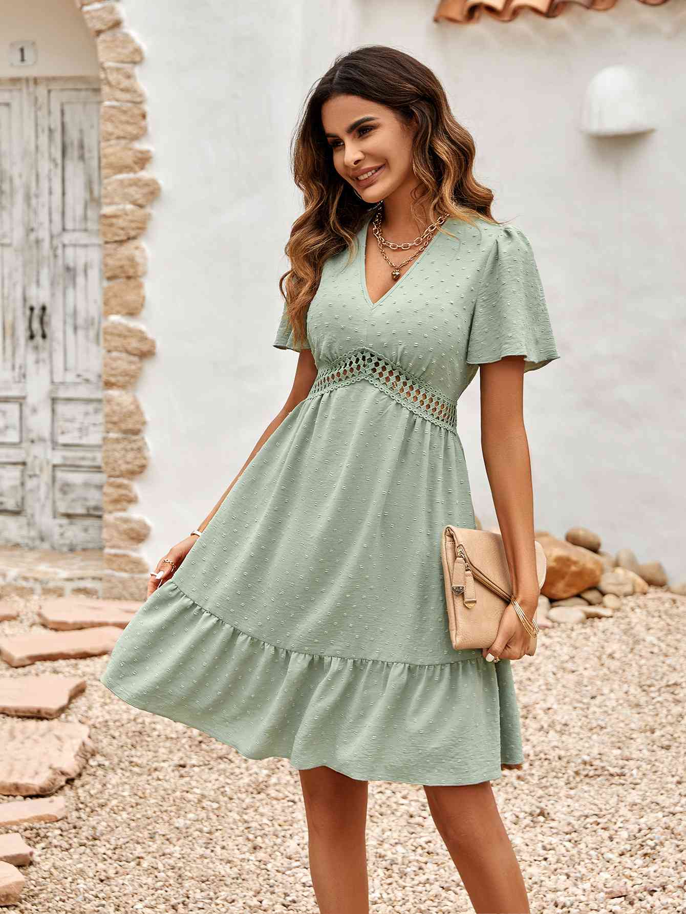 Swiss Dot V-Neck Openwork Puff Sleeve Dress - TRENDMELO