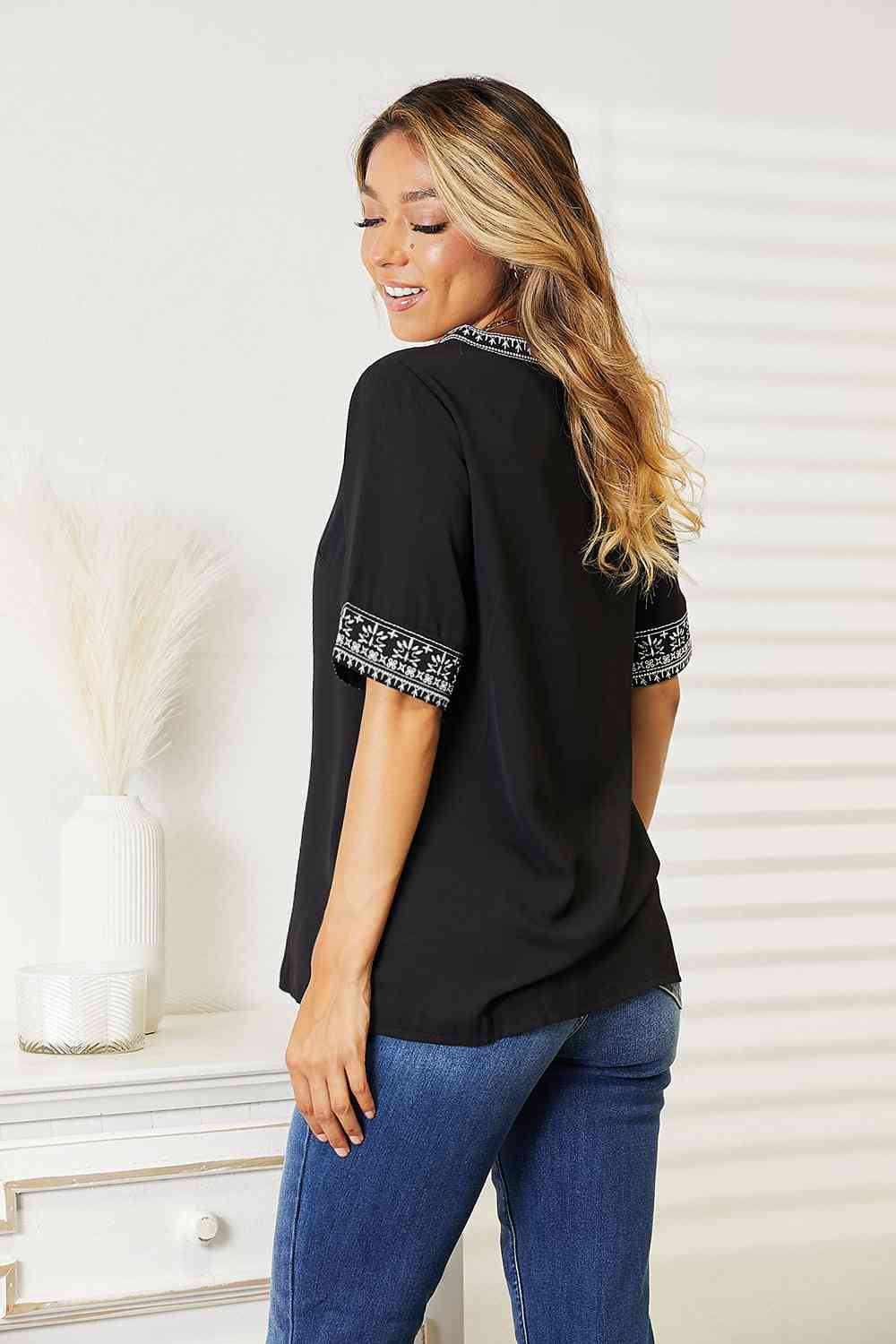 Double Take Embroidered Notched Neck Top - TRENDMELO