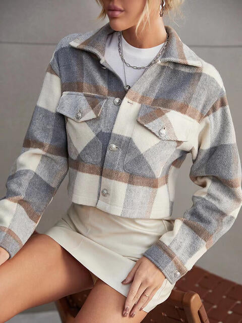 Plaid Collared Neck Button Down Jacket - TRENDMELO
