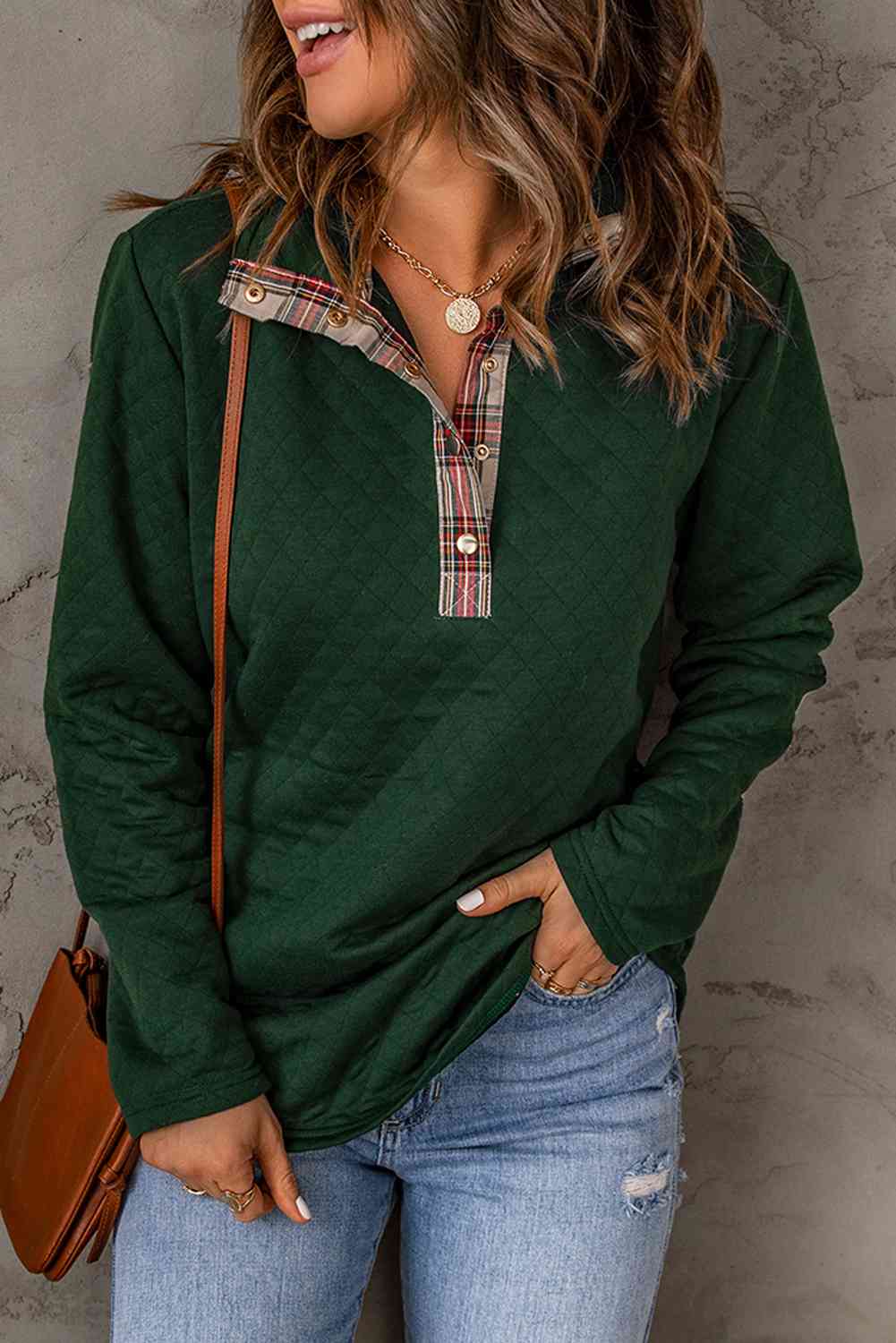 Plaid Snap Down Sweatshirt - TRENDMELO