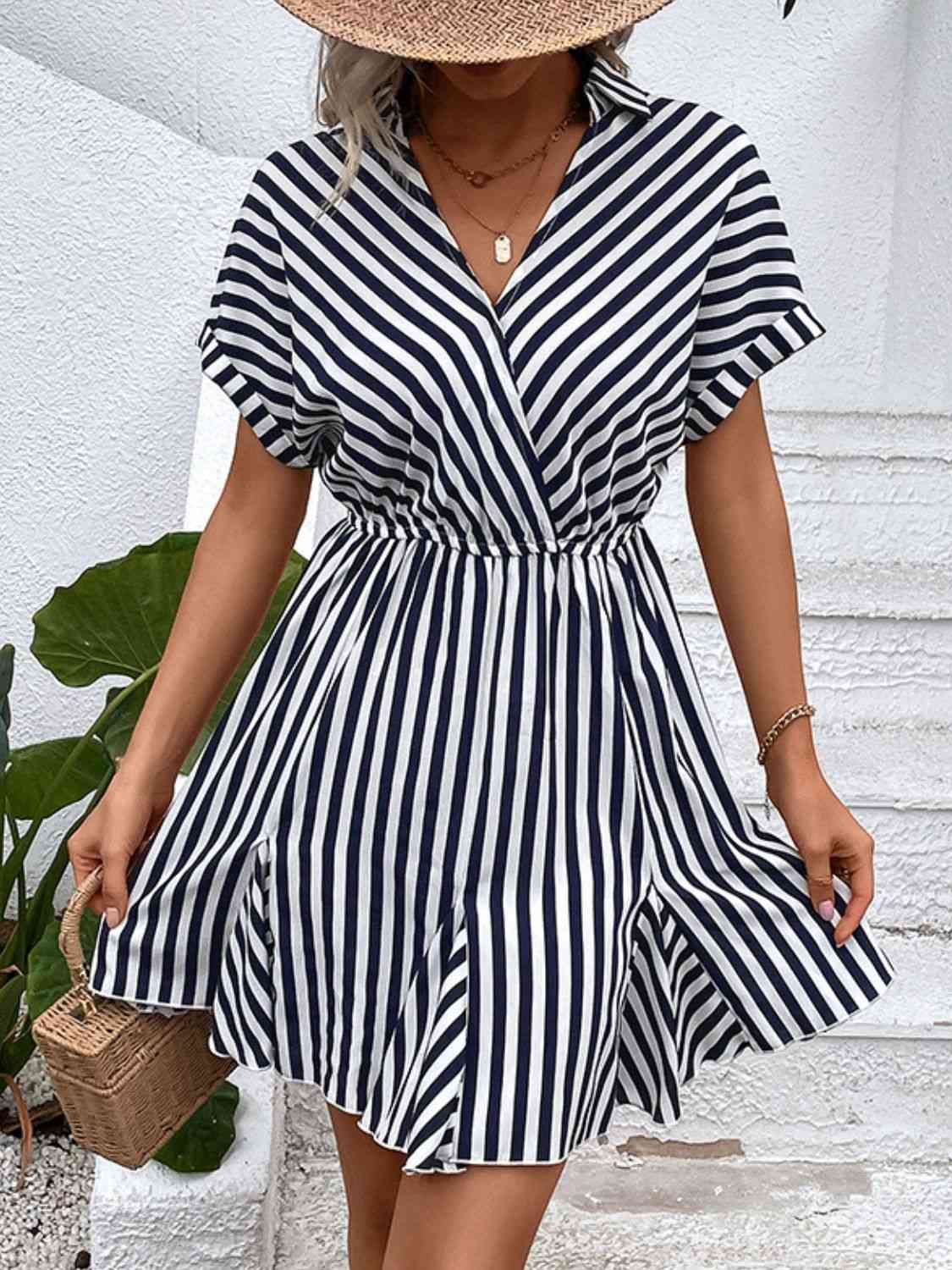 Striped Johnny Collar Mini Dress - TRENDMELO