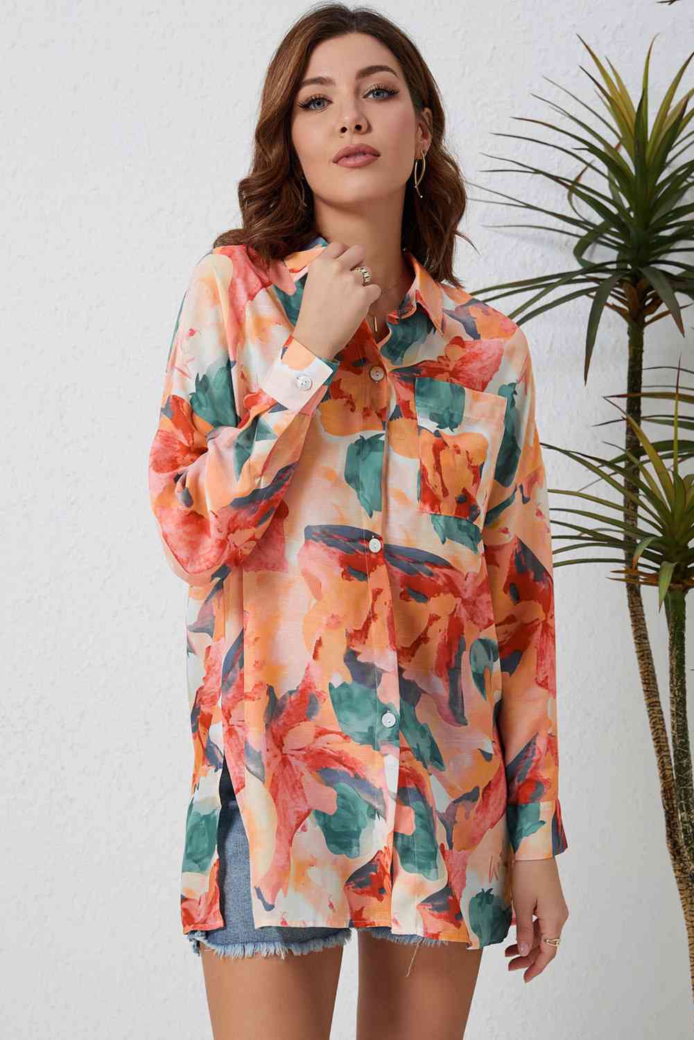 Double Take Floral Long Sleeve Slit Longline Shirt - TRENDMELO