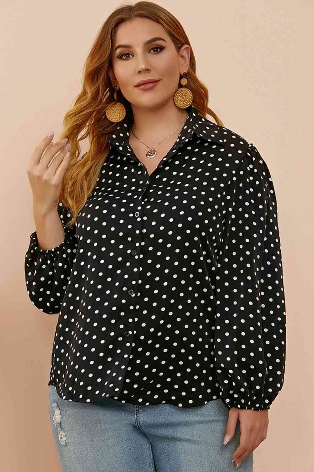 Plus Size Polka Dot Balloon Sleeve Shirt - TRENDMELO