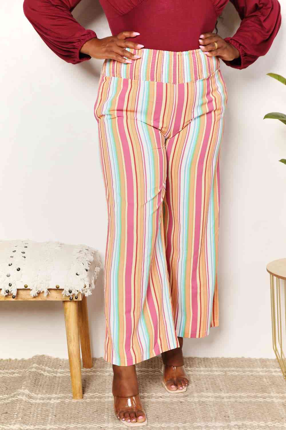 Double Take Striped Smocked Waist Pants with Pockets - TRENDMELO