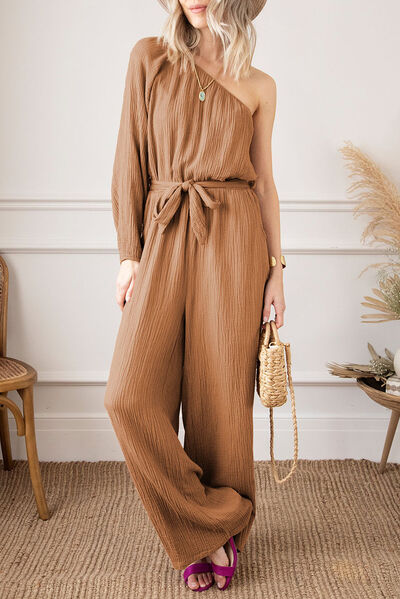 Texture Single Shoulder Tie-Waist Jumpsuit - TRENDMELO