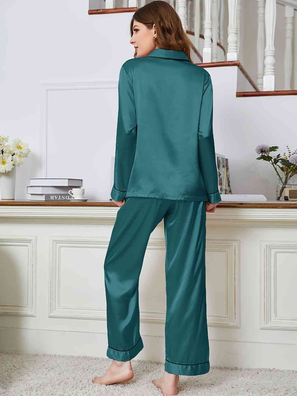 Lapel Collar Long Sleeve Top and Pants Pajama Set - TRENDMELO