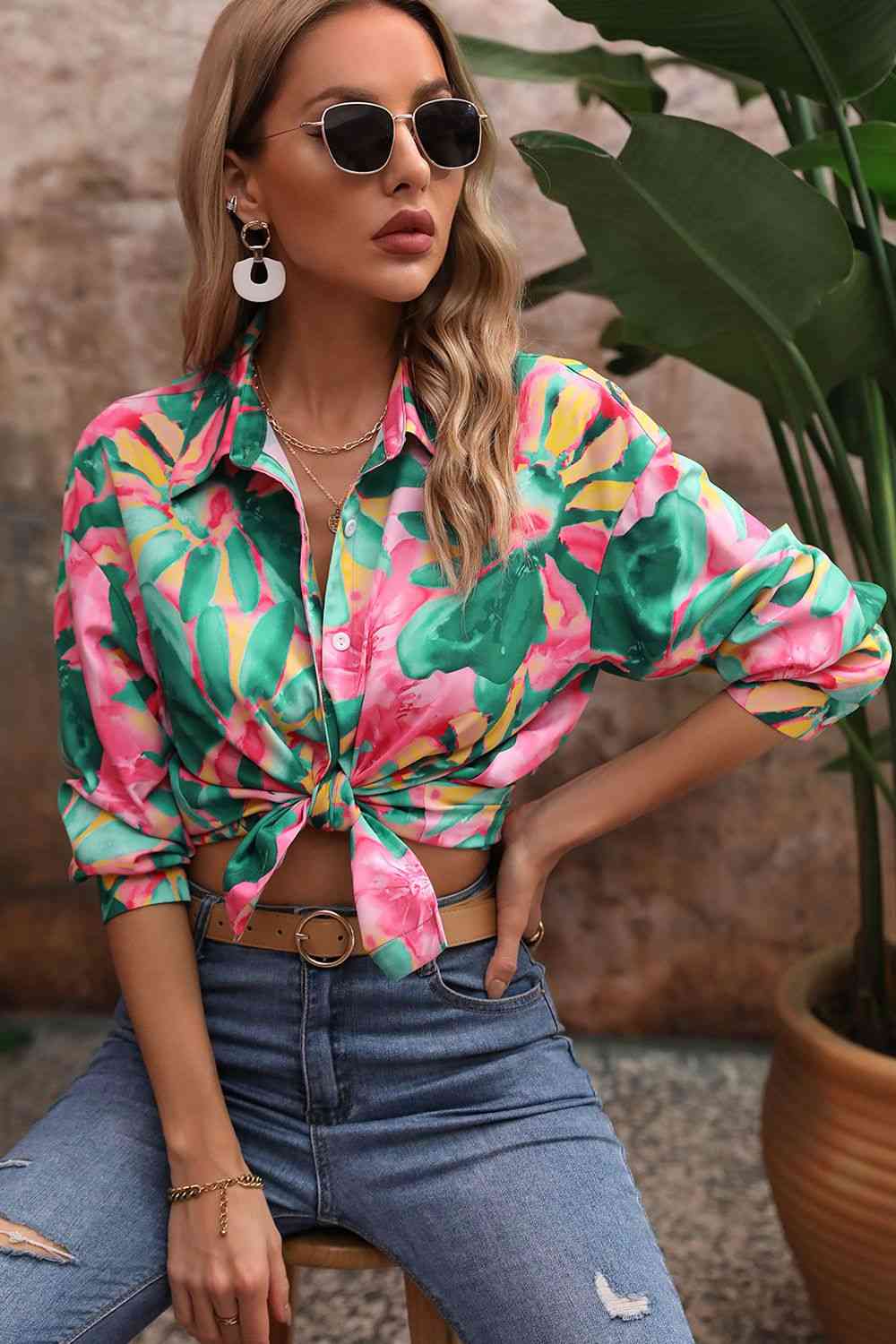 Floral Print Collared Neck Long Sleeve Shirt - TRENDMELO