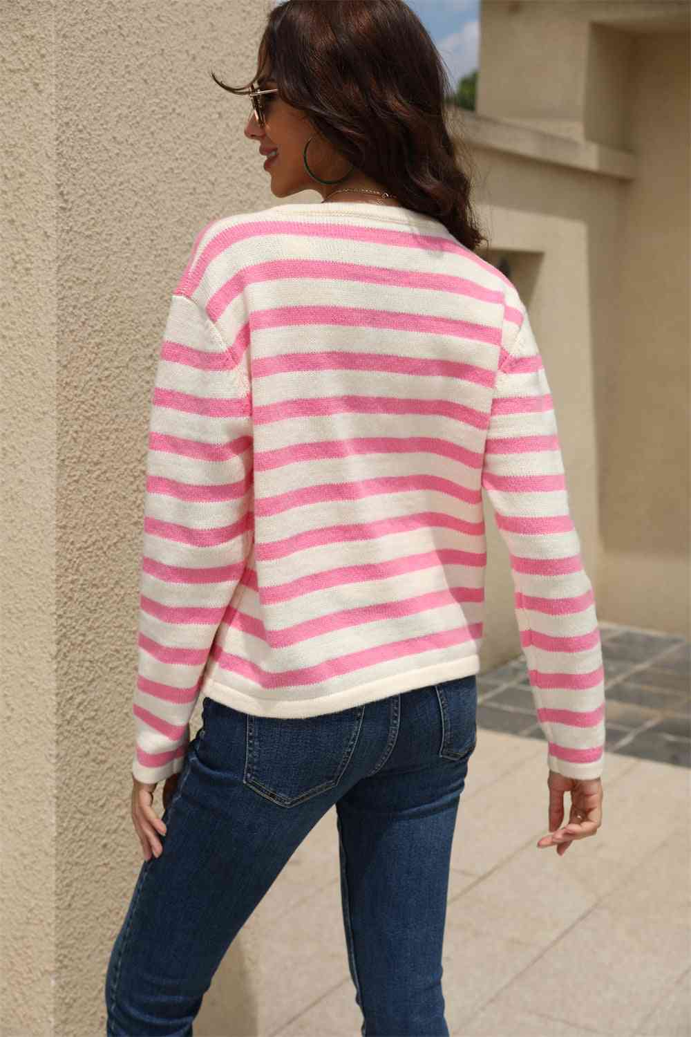 Striped Round Neck Button-Down Dropped Shoulder Cardigan - TRENDMELO