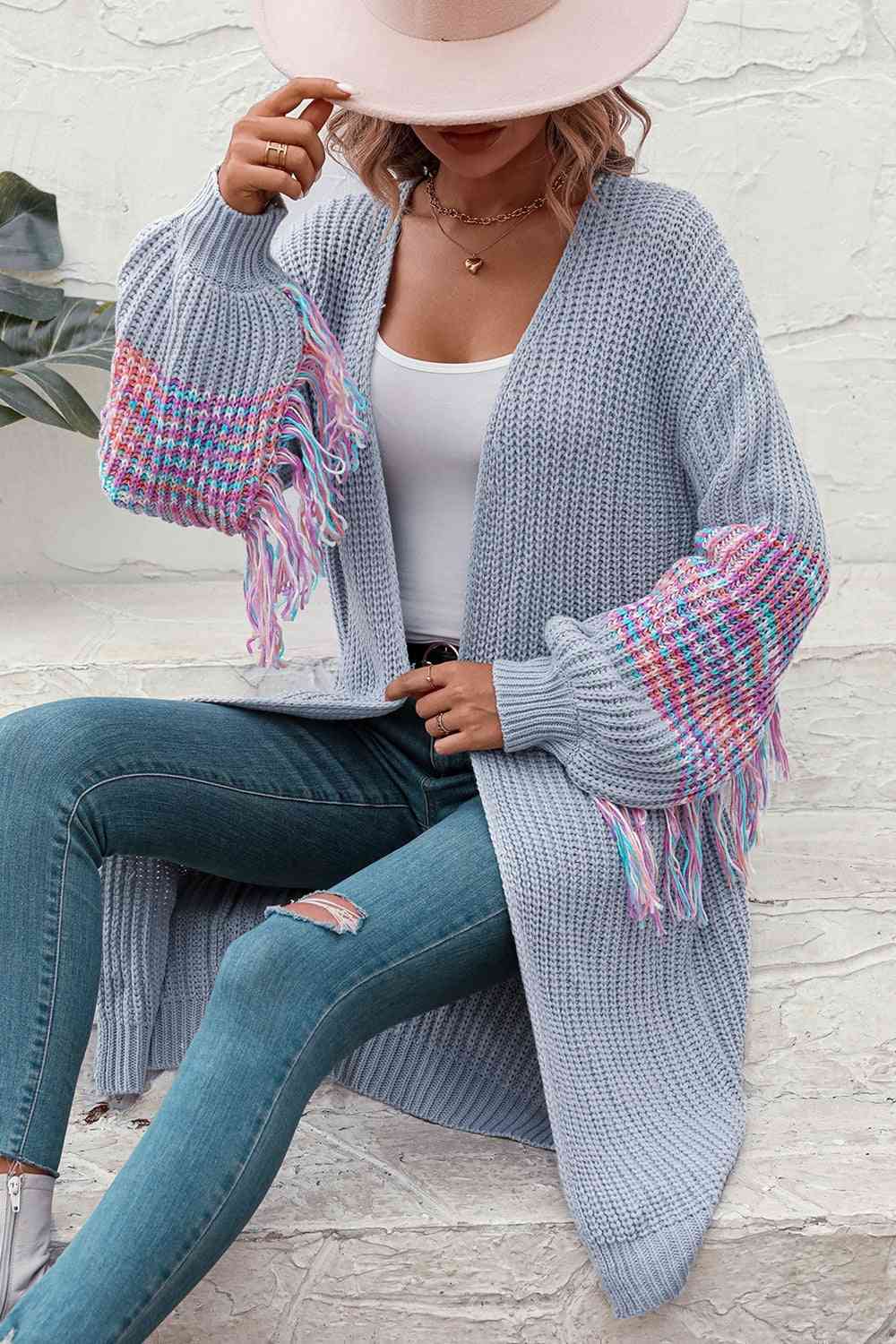 Fringe Sleeve Dropped Shoulder Cardigan - TRENDMELO