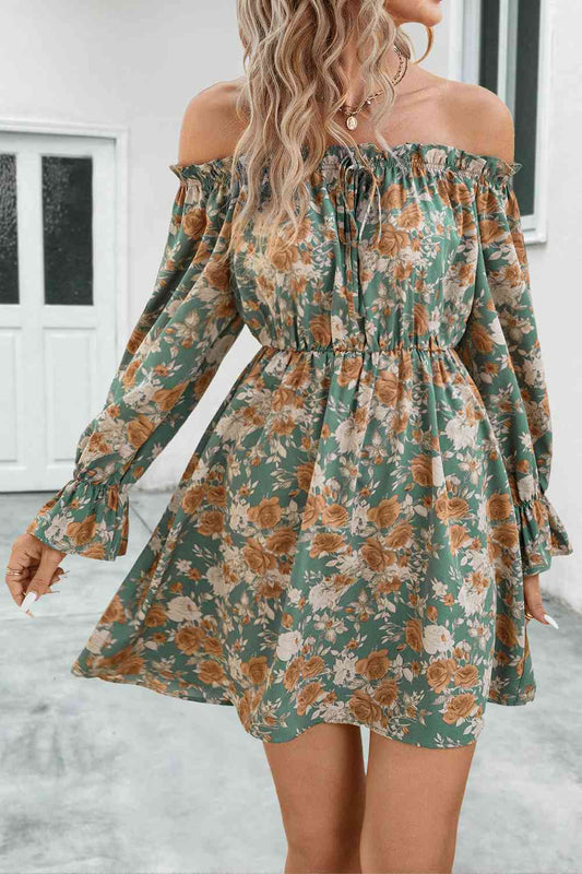 Floral Off-Shoulder Flounce Sleeve Dress - TRENDMELO