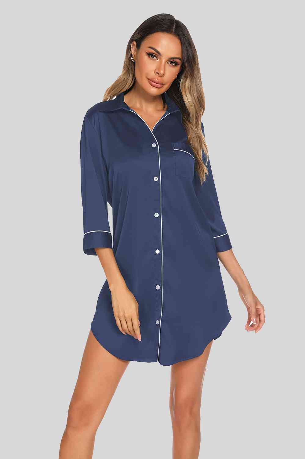 Button Up Collared Neck Night Dress with Pocket - TRENDMELO