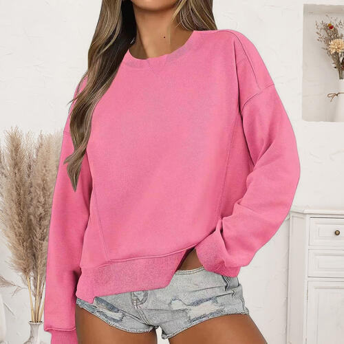 Round Neck Drop Shoulder Long Sleeve Sweatshirt - TRENDMELO