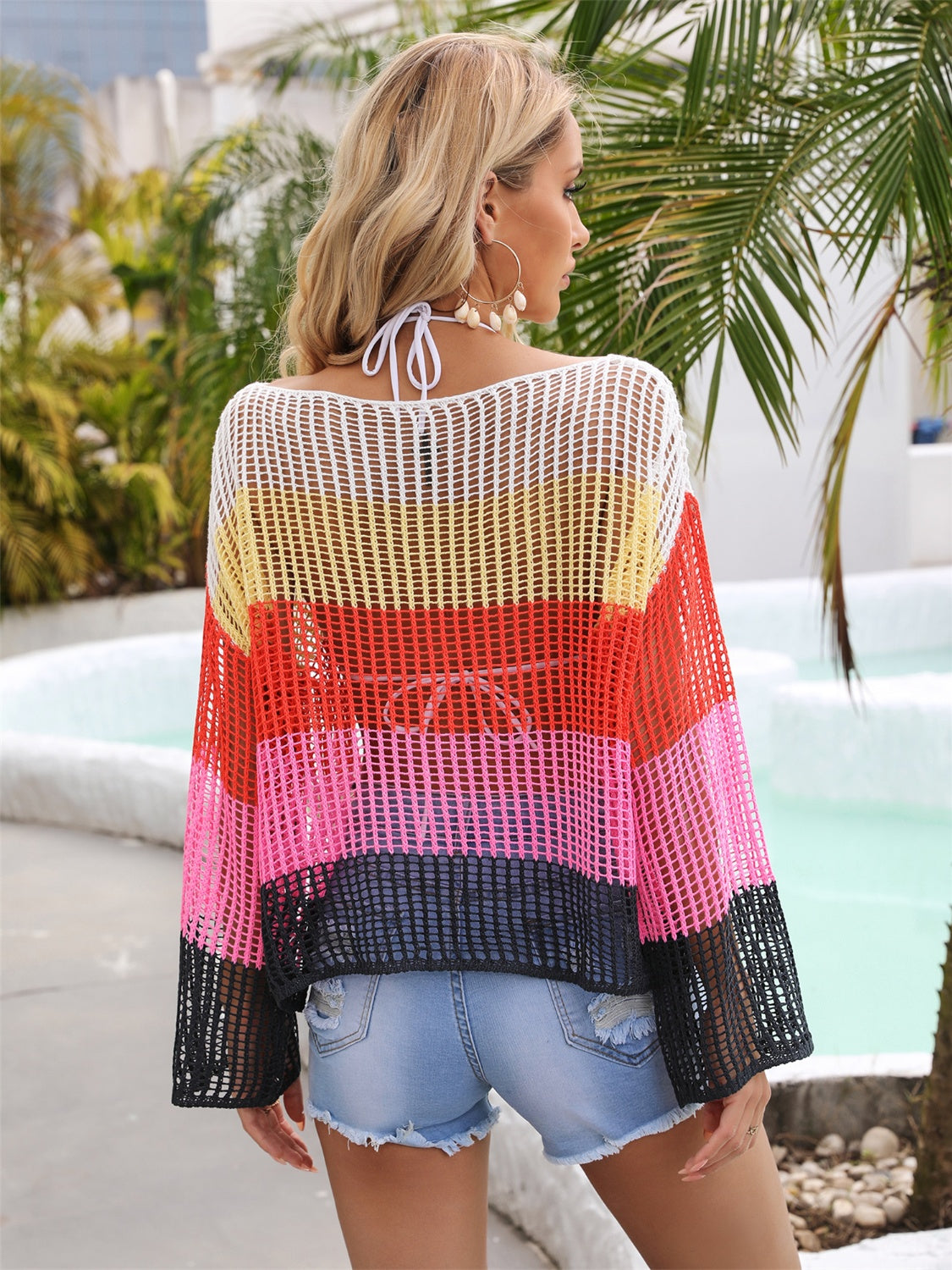 Color Block Openwork Boat Neck Cover Up - TRENDMELO