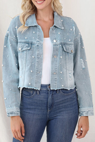 Distressed Pearl Trim Button Up Denim Jacket - TRENDMELO