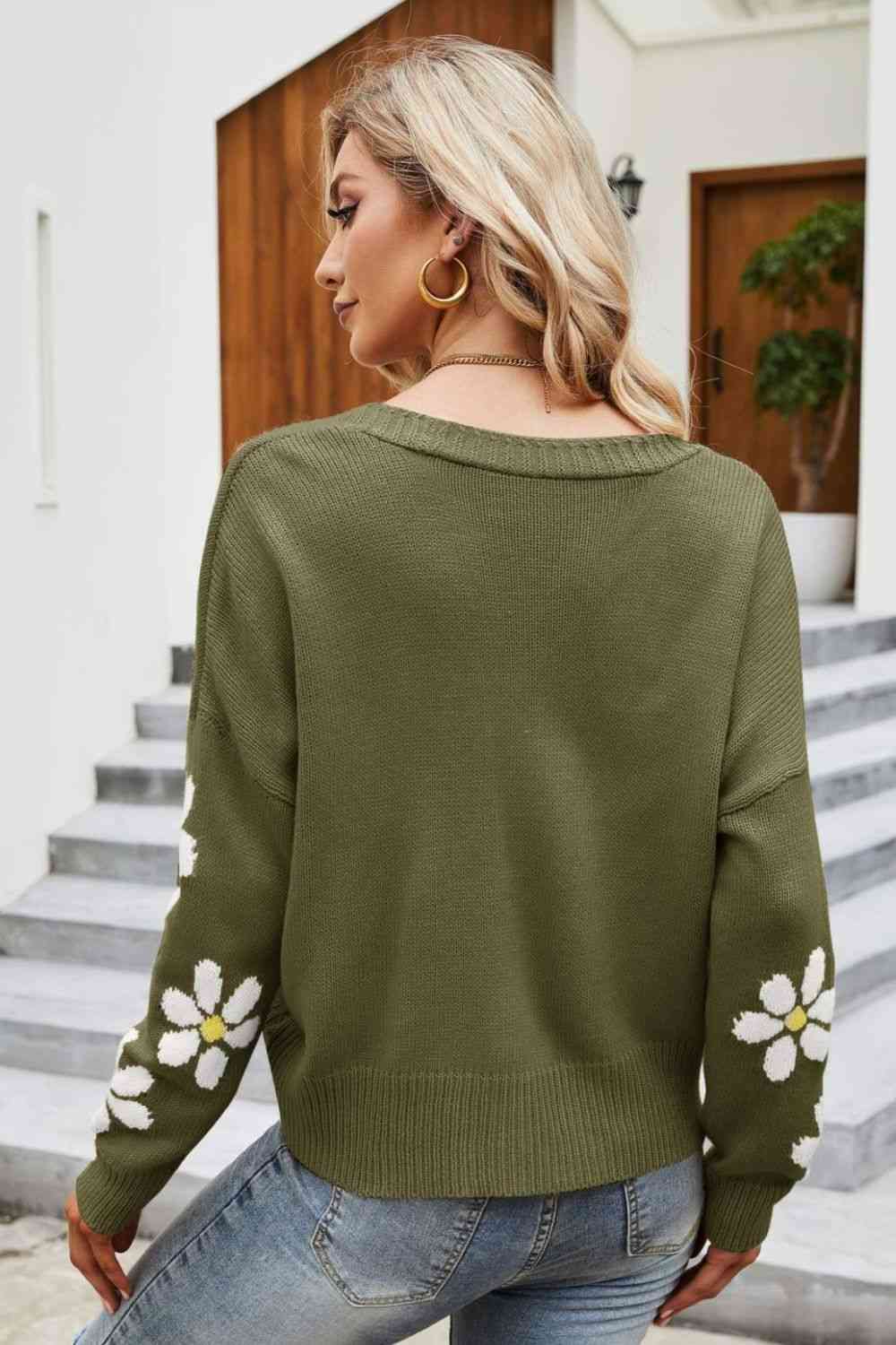 Floral Ribbed Trim Drop Shoulder Cardigan - TRENDMELO