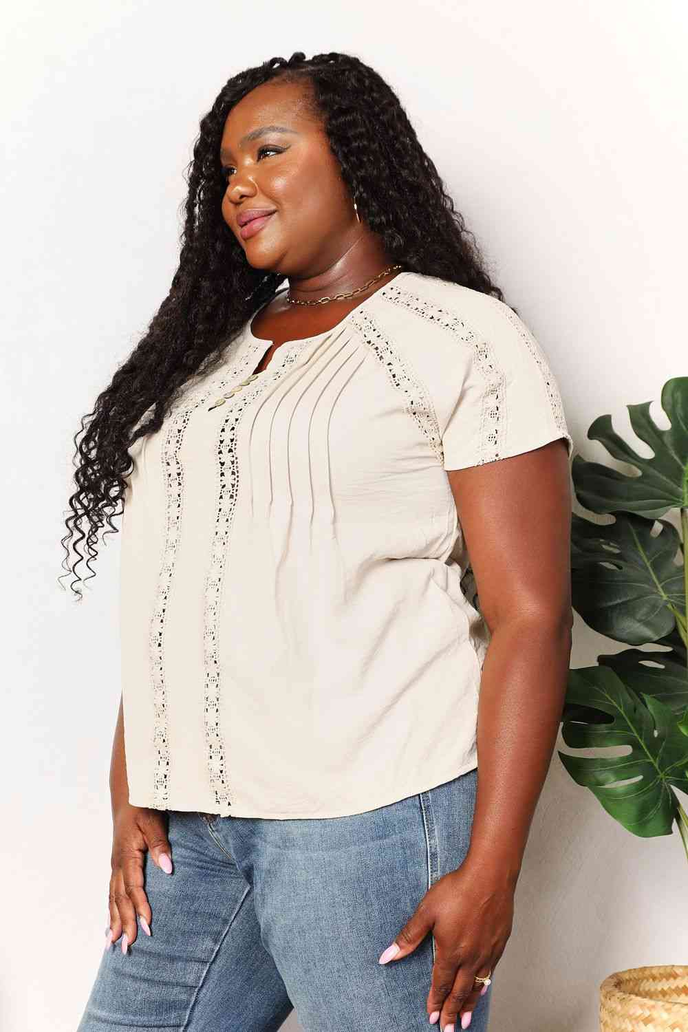 Double Take Crochet Buttoned Short Sleeves Top - TRENDMELO