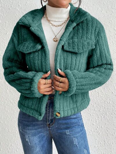 Fuzzy Button Up Collared Neck Jacket - TRENDMELO