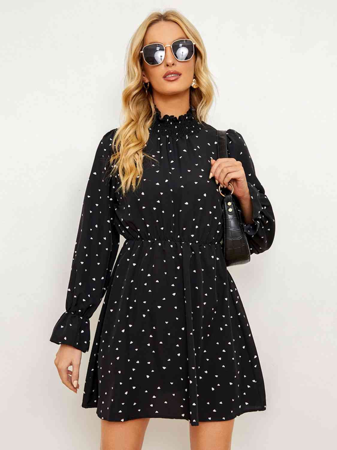 Printed Long Flounce Sleeve Frill Neck Dress - TRENDMELO