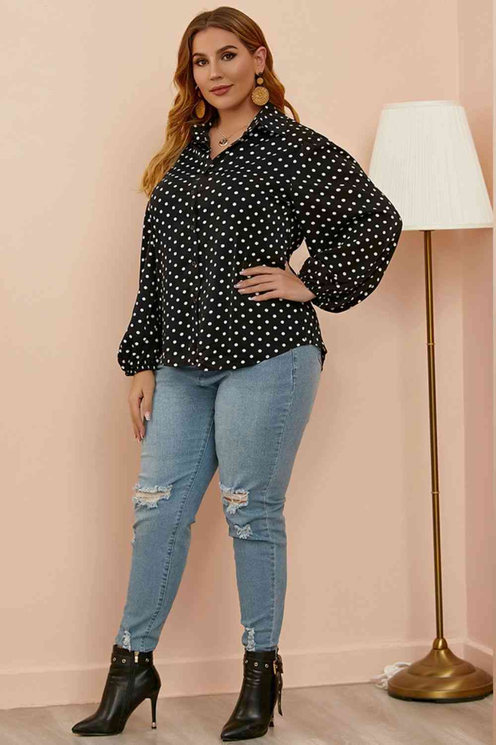 Plus Size Polka Dot Balloon Sleeve Shirt - TRENDMELO