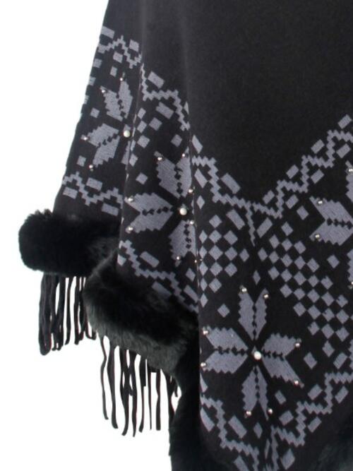 Fringe Geometric Cape Sleeve Poncho - TRENDMELO