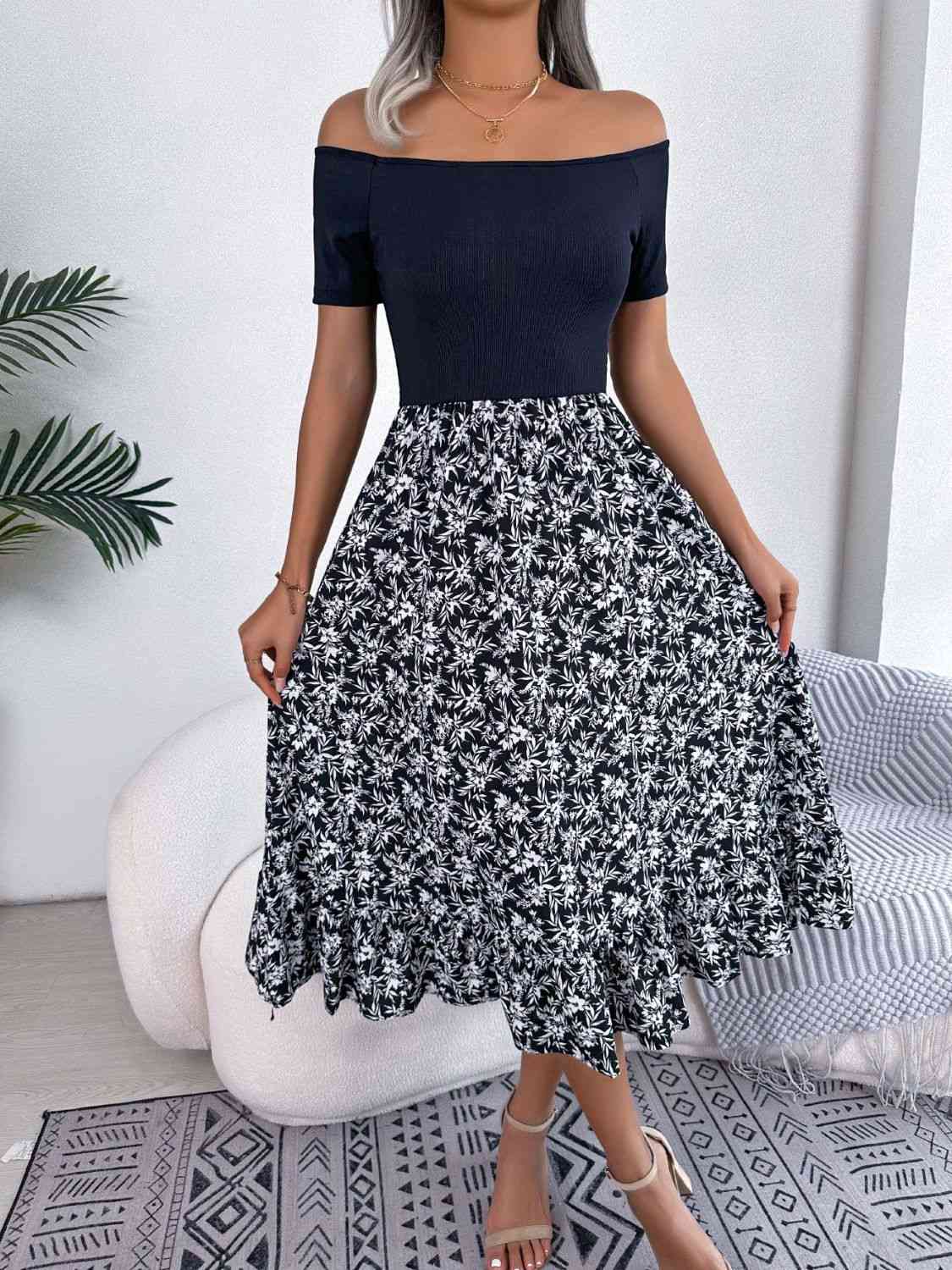 Printed Off-Shoulder Ruffle Hem Dress - TRENDMELO