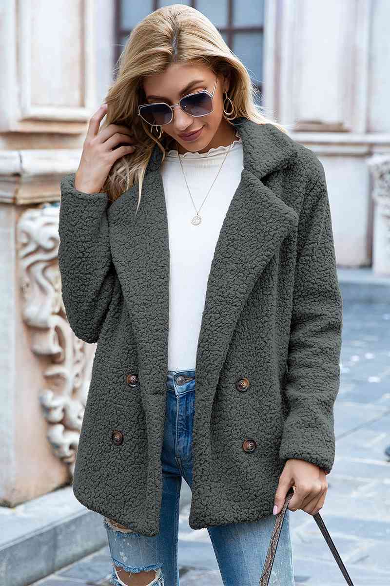 Full Size Lapel Collar Sherpa Coat - TRENDMELO