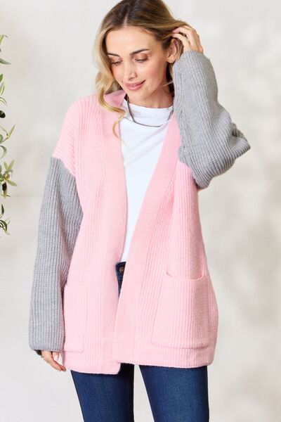 BiBi Contrast Open Front Cardigan with Pockets - TRENDMELO
