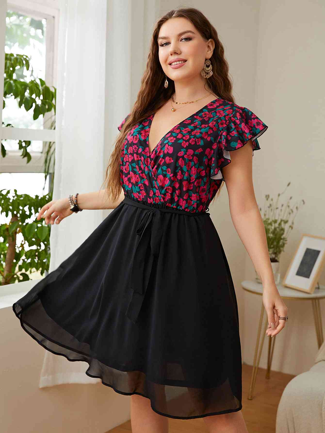 Plus Size Floral Surplice Neck Flutter Sleeve Dress - TRENDMELO