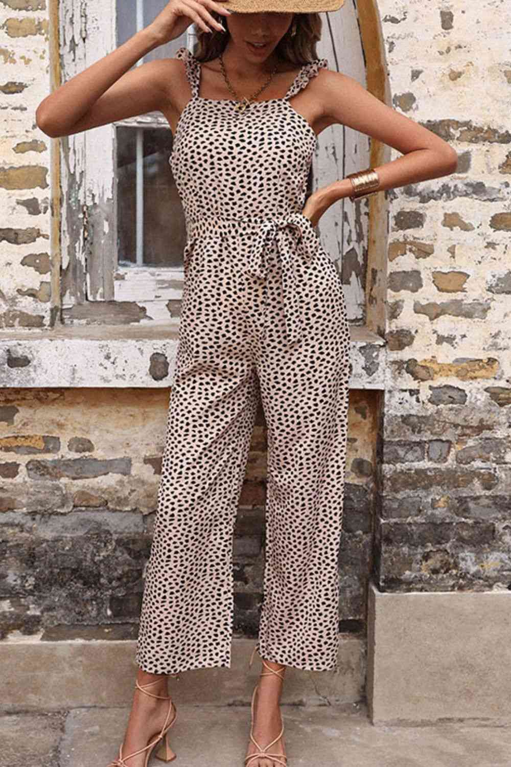 Printed Tie-Waist Wide Leg Jumpsuit - TRENDMELO