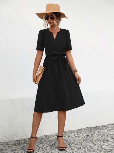 Tied Notched Short Sleeve Dress - TRENDMELO