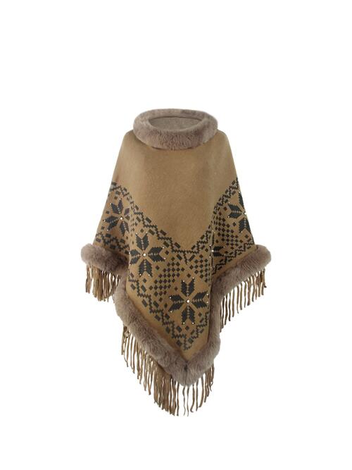 Fringe Geometric Cape Sleeve Poncho - TRENDMELO