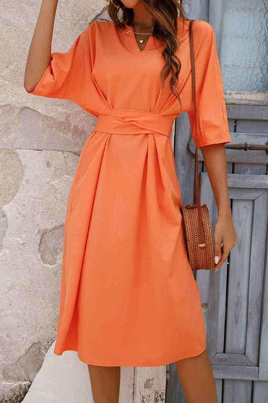 Notched Neck Half Sleeve Midi Dress - TRENDMELO