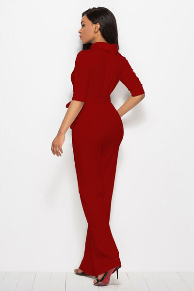 Mock Neck Tie-Waist Half Sleeve Jumpsuit - TRENDMELO