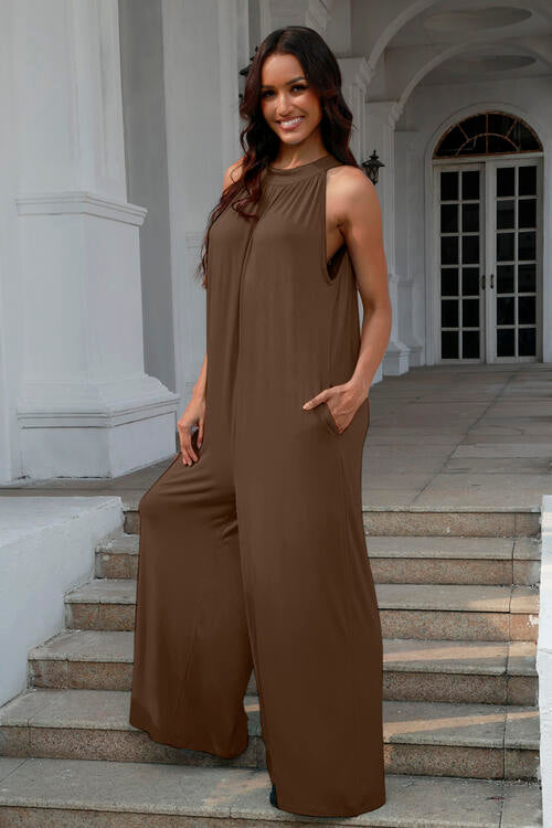 Double Take Full Size Tie Back Cutout Sleeveless Jumpsuit - TRENDMELO