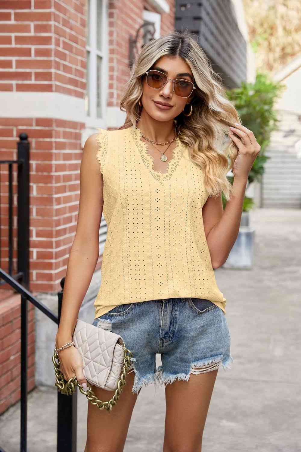 Eyelet Lace Trim Eyelash V-Neck Tank - TRENDMELO