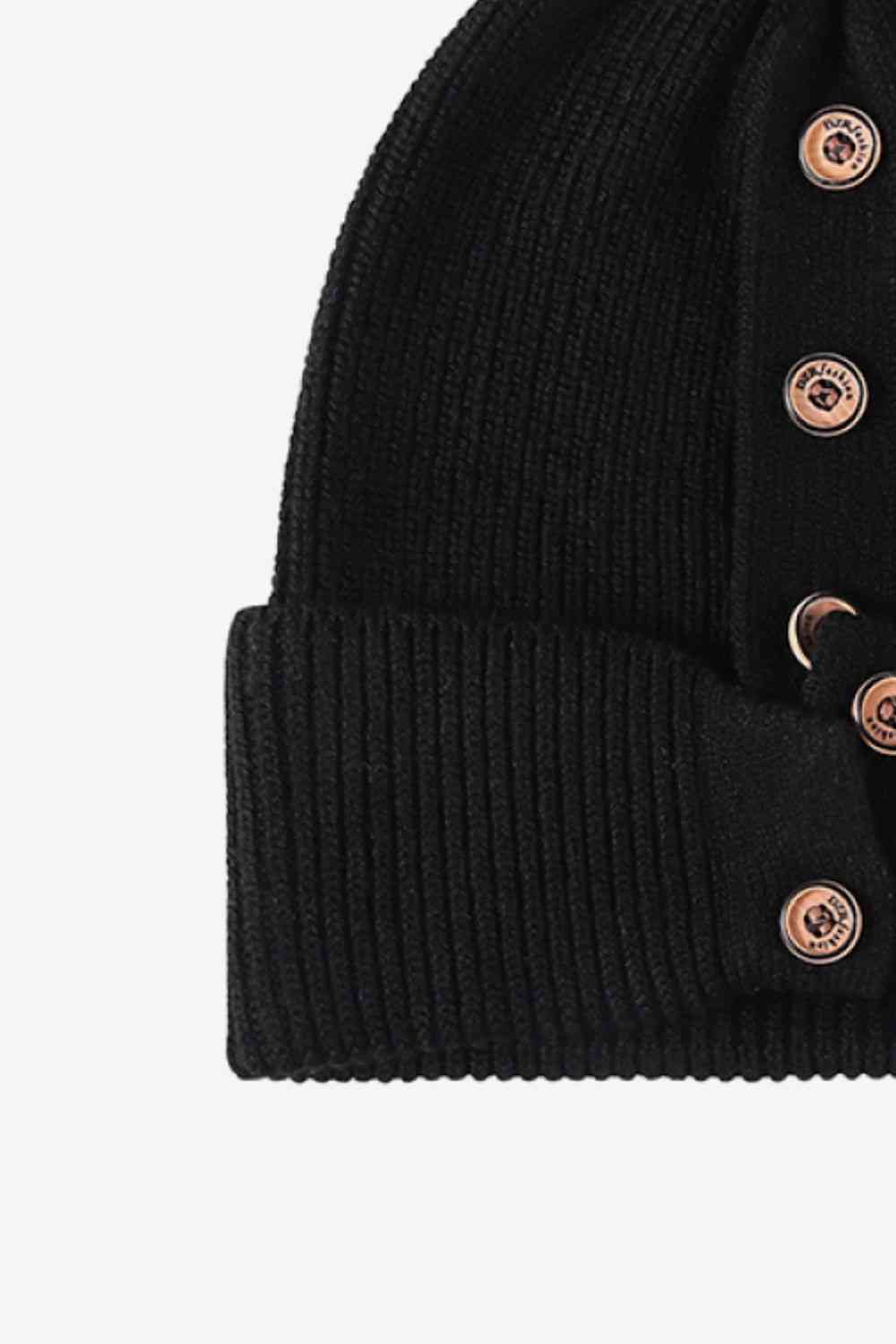 Button Detail Rib-Knit Cuff Beanie - TRENDMELO