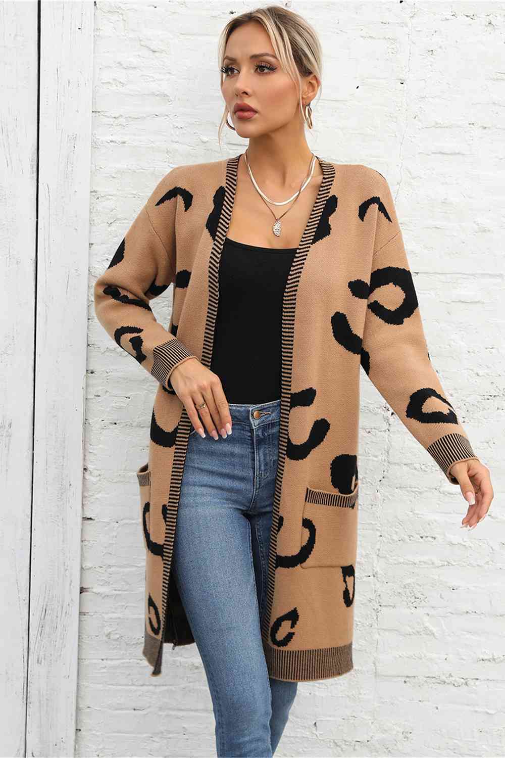 Printed Long Sleeve Cardigan with Pockets - TRENDMELO