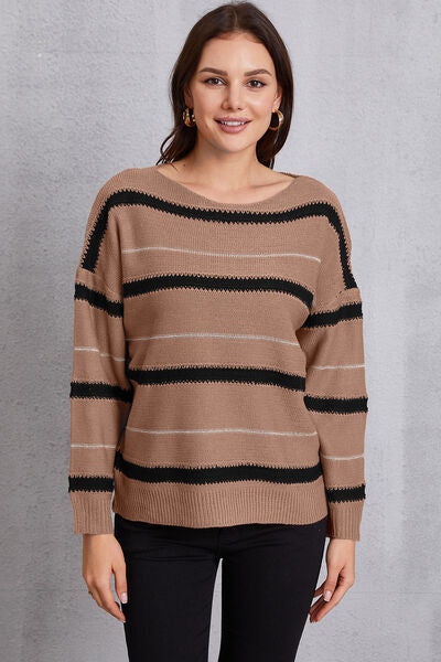 Striped Round Neck Dropped Shoulder Sweater - TRENDMELO