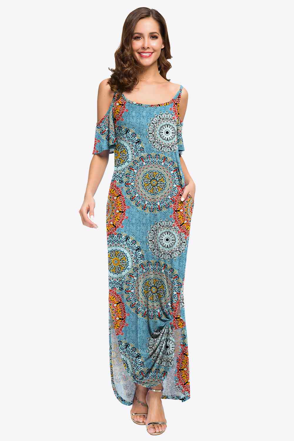 Slit Scoop Neck Cold-Shoulder Maxi Dress - TRENDMELO