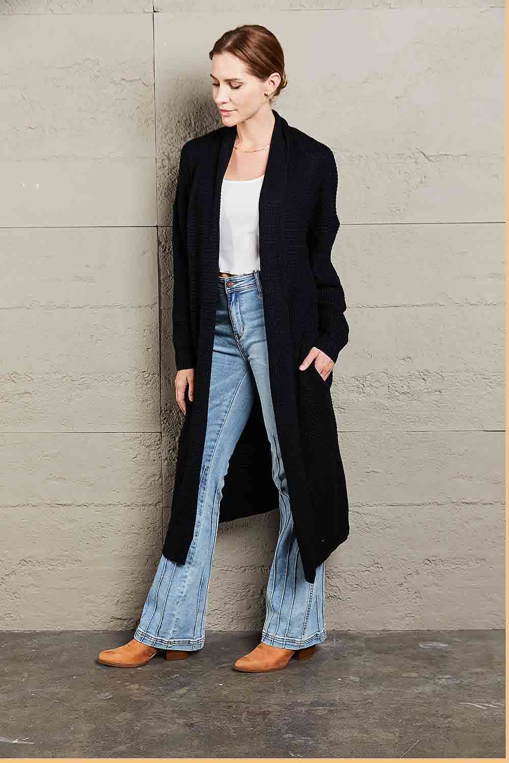 Double Take Waffle Knit Open Front Duster Cardigan With Pockets - TRENDMELO