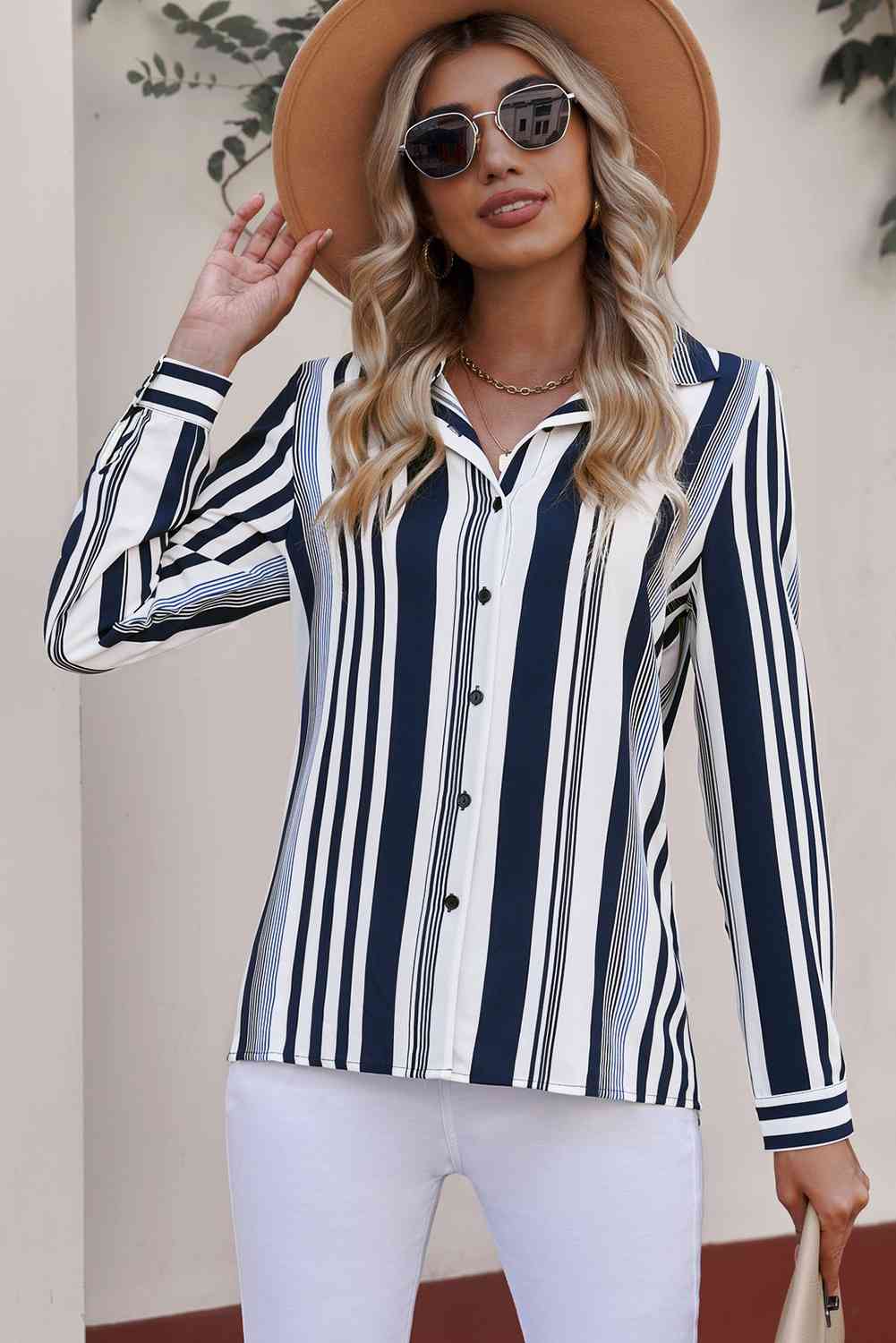 Striped Button-Down Long Sleeve Shirt - TRENDMELO