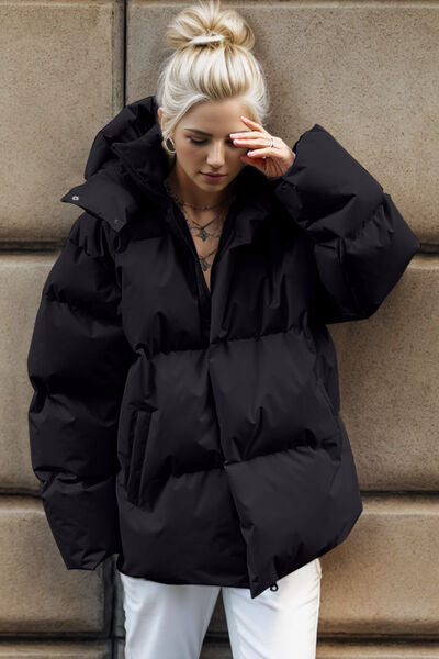 Pocketed Zip Up Hooded Puffer Jacket - TRENDMELO