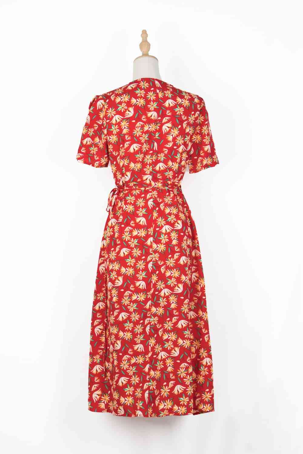 Floral Surplice Neck Short Sleeve Dress - TRENDMELO