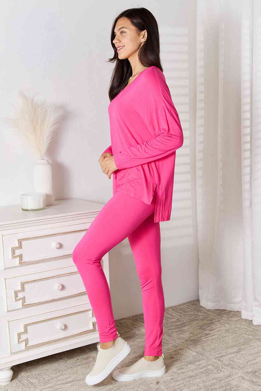 Basic Bae Full Size V-Neck Soft Rayon Long Sleeve Top and Pants Lounge Set - TRENDMELO