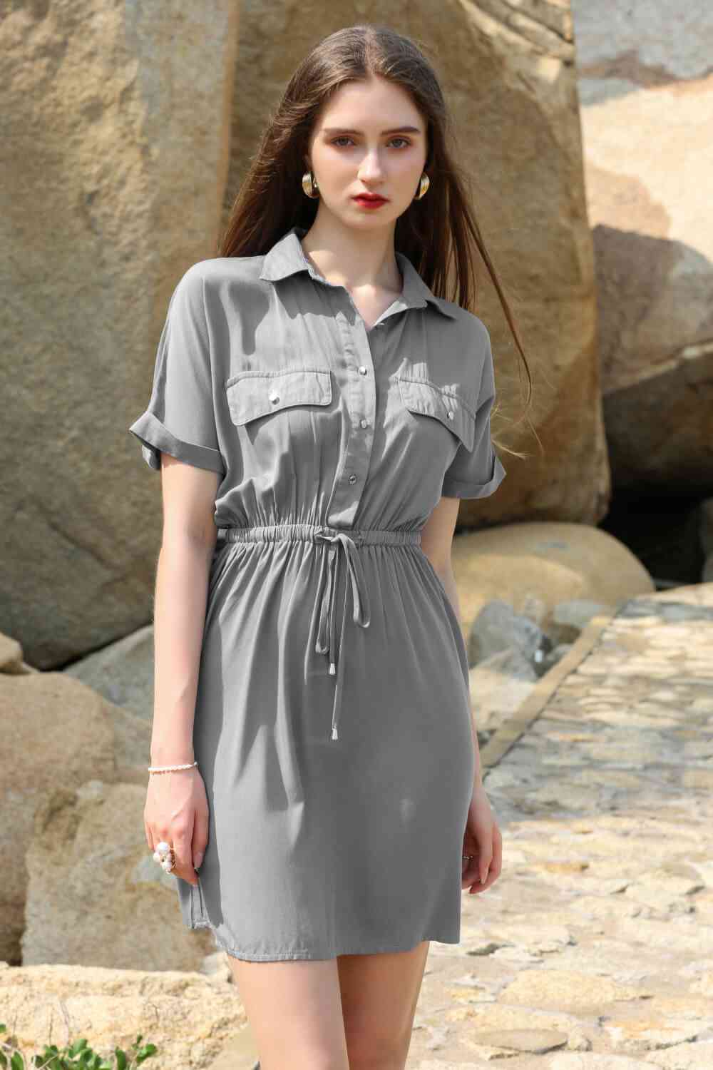 Half Button Drawstring Waist Short Sleeve Shirt Dress - TRENDMELO