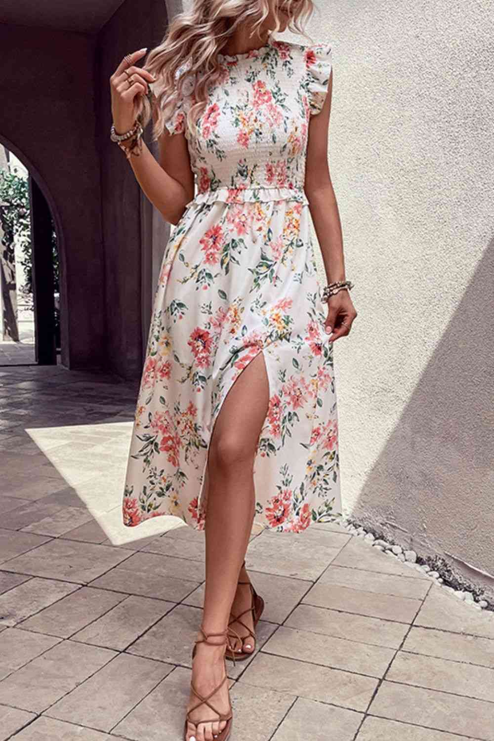 Floral Smocked Butterfly Sleeve Slit Dress - TRENDMELO