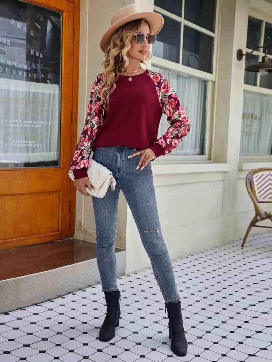 Floral Raglan Sleeve Round Neck Sweatshirt - TRENDMELO